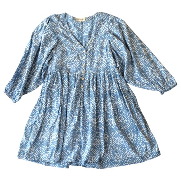 Madewell Blue Floral Bubble Sleeve Button-Front Summer Mini Dress Size Medium - Picture 1 of 8